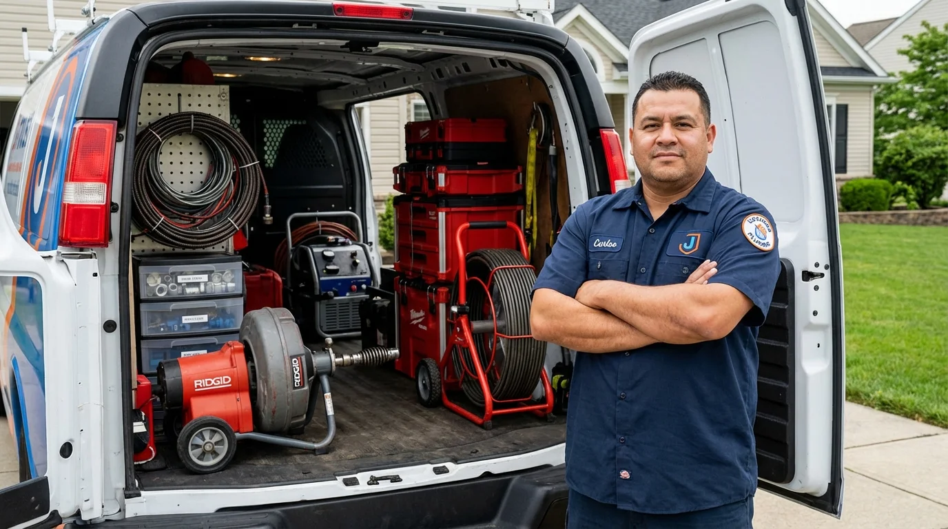 Professional drain cleaning equipment and Johns Plumbing LLC plumber in Rockwell