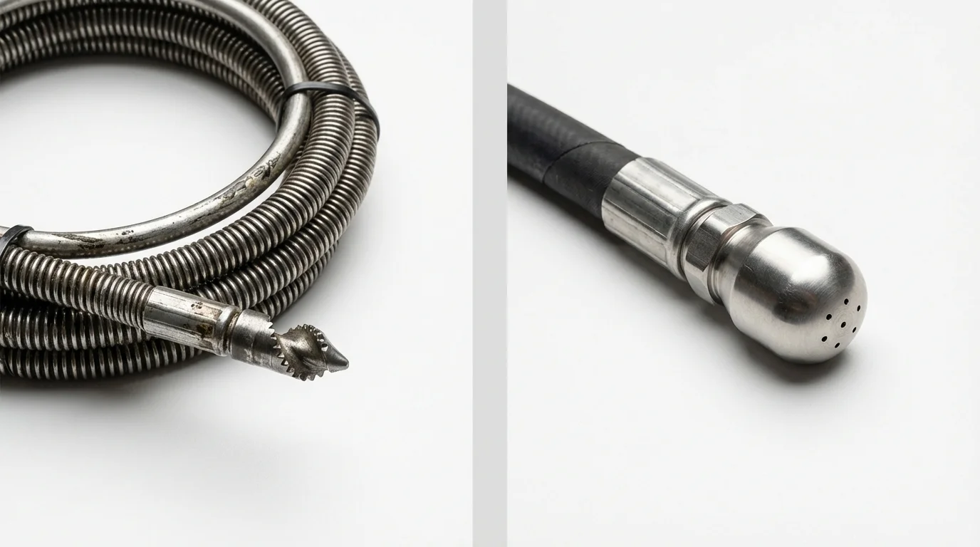 Drain snake cable and hydro jetting nozzle used for drain cleaning in Rockwell, NC