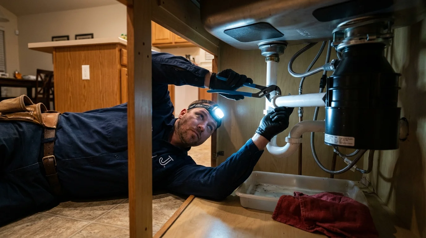 P-trap and supply line connections under a kitchen sink showing a common leak point in Rockwell, NC